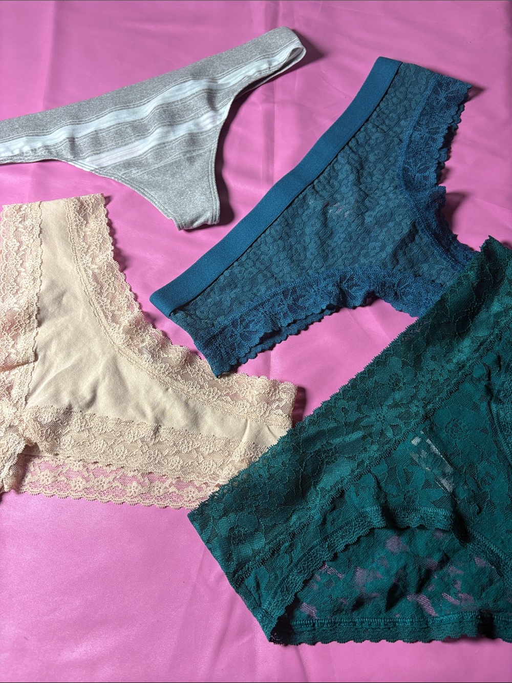Victoria's Secret Lace Bikini Briefs in Teal, Dark Teal, Cream & Gray